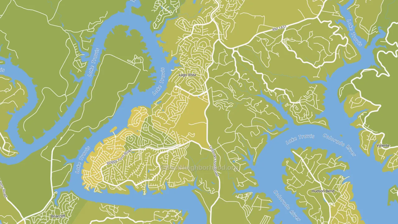 Map of the best neighborhoods in the 78645 area, with better matches in green and worse matches in red
