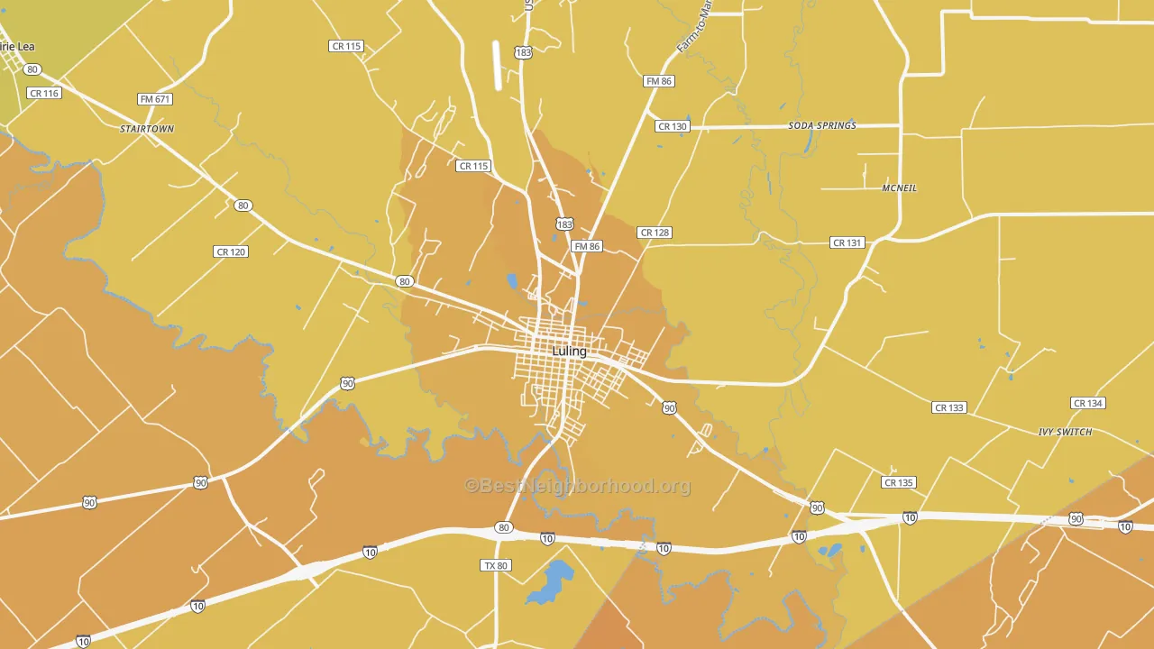 Map of the best neighborhoods in the 78648 area, with better matches in green and worse matches in red