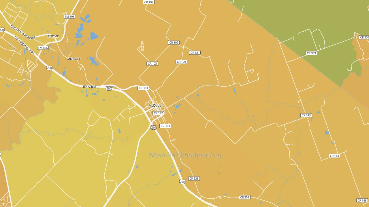 Map of the best neighborhoods in the 78650 area, with better matches in green and worse matches in red