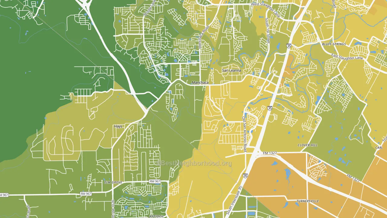 Map of the best neighborhoods in the 78652 area, with better matches in green and worse matches in red