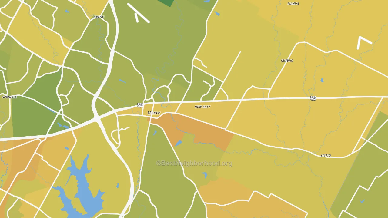 Map of the best neighborhoods in the 78653 area, with better matches in green and worse matches in red