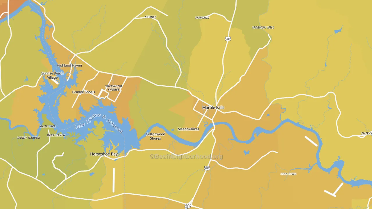 Map of the best neighborhoods in the 78654 area, with better matches in green and worse matches in red