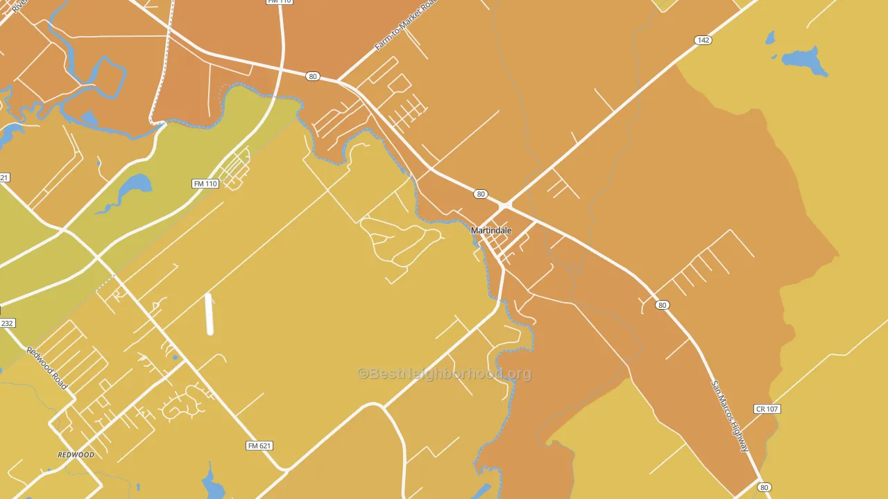 Map of the best neighborhoods in the 78655 area, with better matches in green and worse matches in red