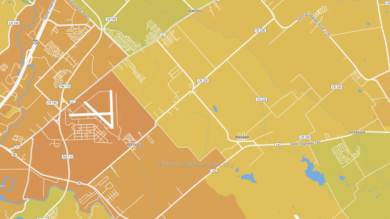 Map of the best neighborhoods in the 78656 area, with better matches in green and worse matches in red