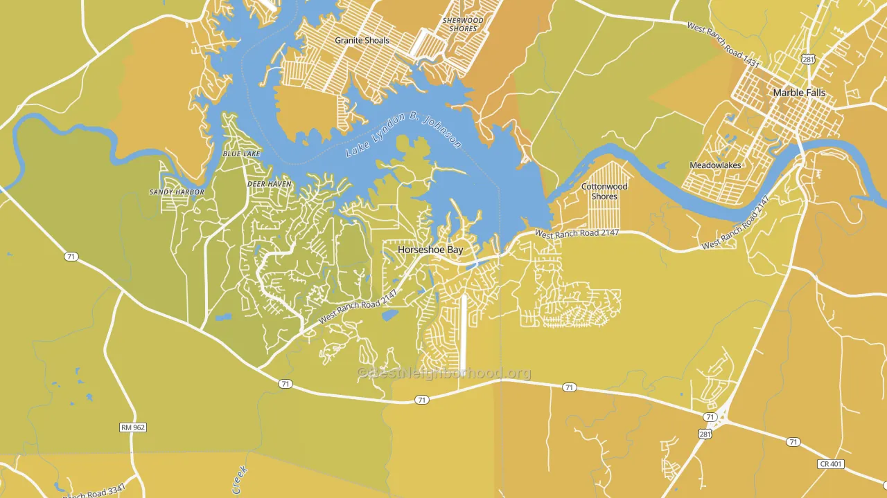 Map of the best neighborhoods in the 78657 area, with better matches in green and worse matches in red