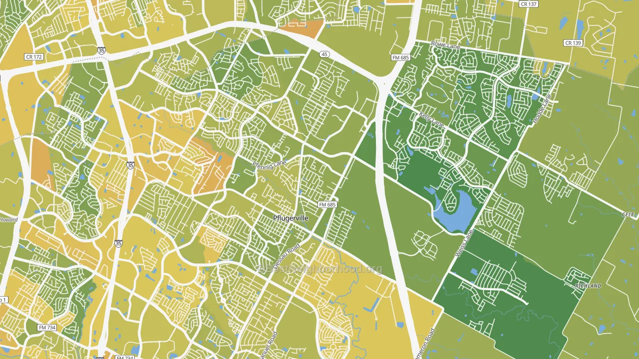 Map of the best neighborhoods in the 78660 area, with better matches in green and worse matches in red