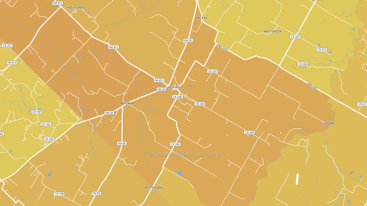 Map of the best neighborhoods in the 78662 area, with better matches in green and worse matches in red