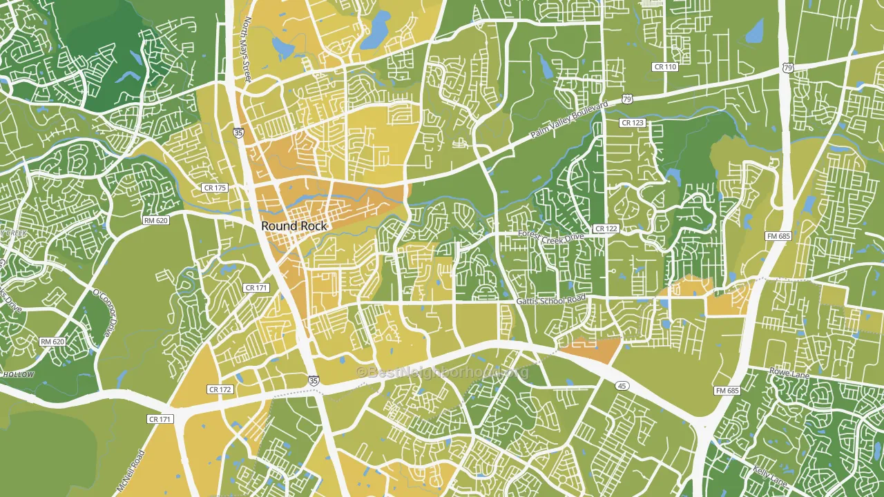 Map of the best neighborhoods in the 78664 area, with better matches in green and worse matches in red