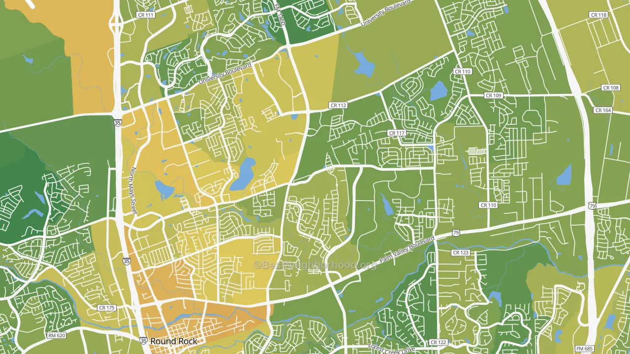 Map of the best neighborhoods in the 78665 area, with better matches in green and worse matches in red