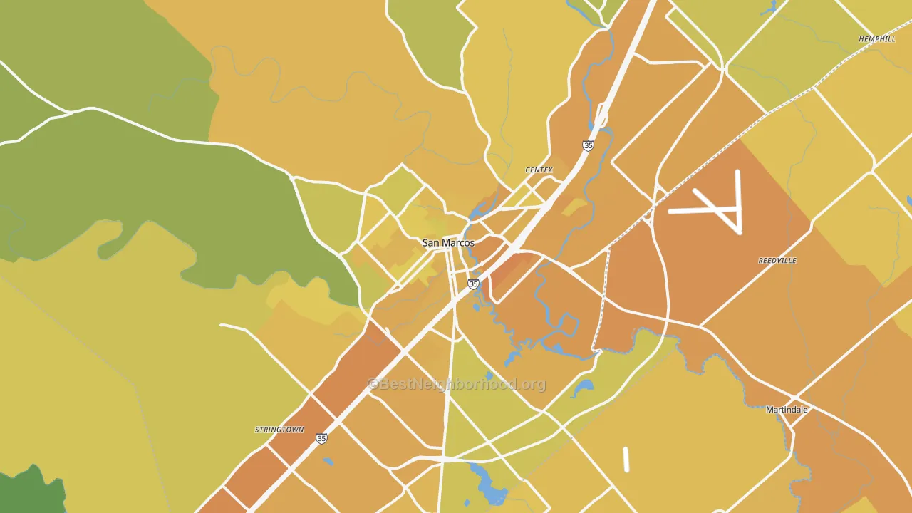 Map of the best neighborhoods in the 78666 area, with better matches in green and worse matches in red