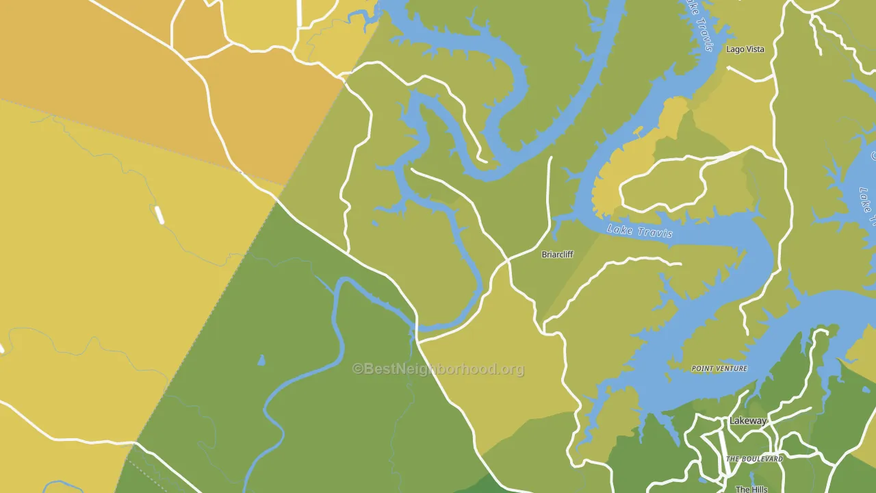 Map of the best neighborhoods in the 78669 area, with better matches in green and worse matches in red