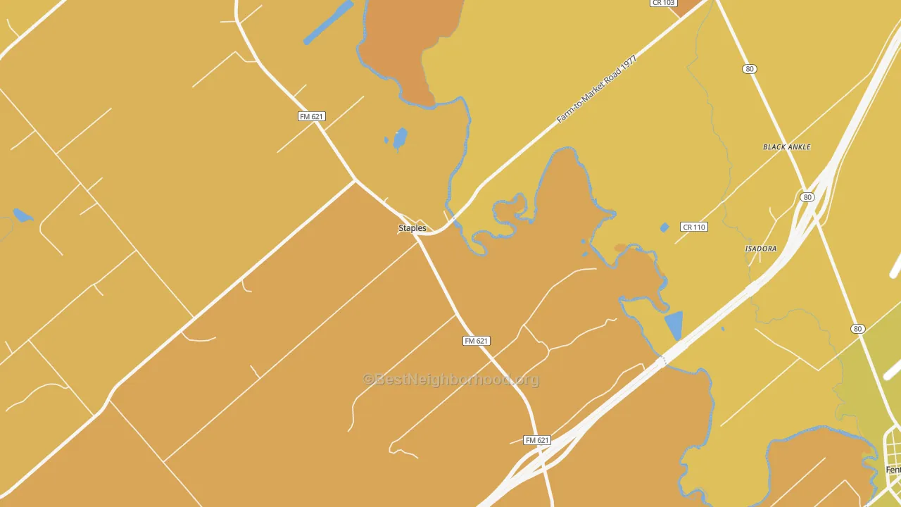 Map of the best neighborhoods in the 78670 area, with better matches in green and worse matches in red