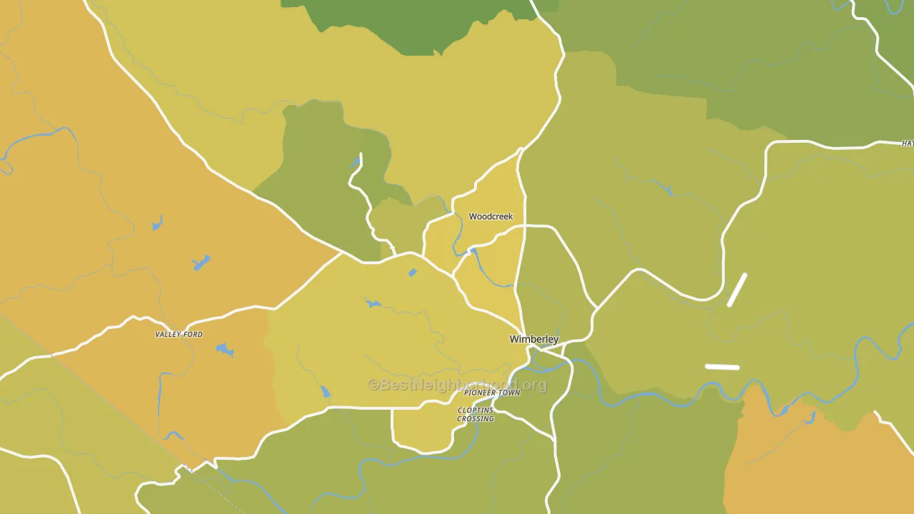 Map of the best neighborhoods in the 78676 area, with better matches in green and worse matches in red
