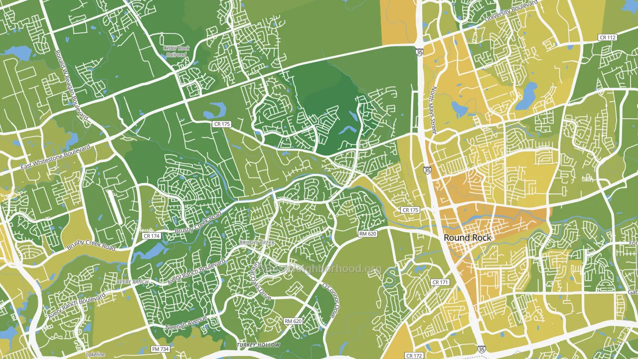 Map of the best neighborhoods in the 78681 area, with better matches in green and worse matches in red