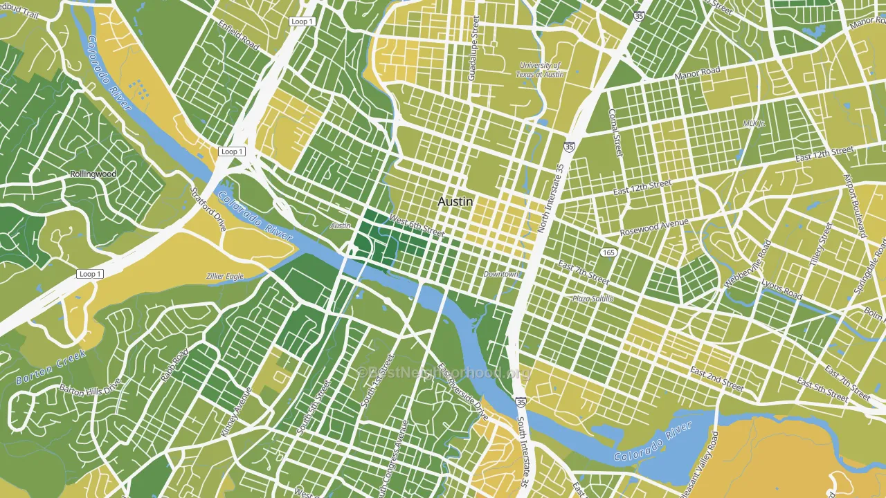 Map of the best neighborhoods in the 78701 area, with better matches in green and worse matches in red