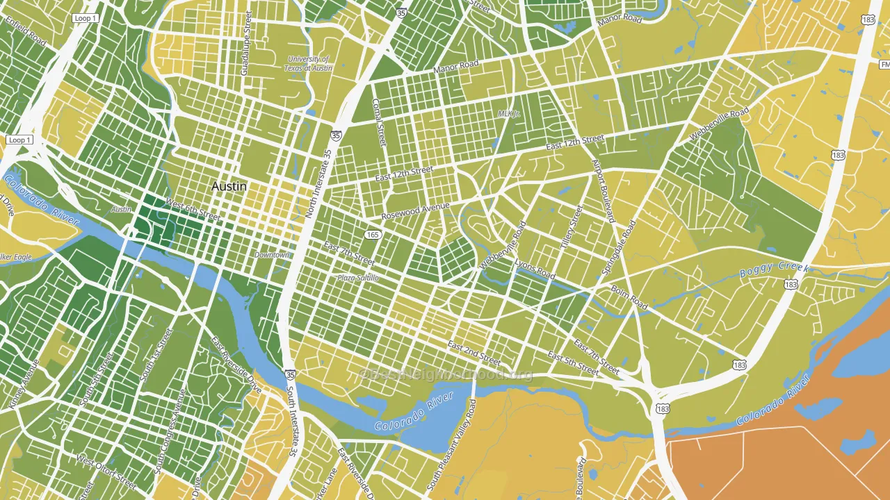 Map of the best neighborhoods in the 78702 area, with better matches in green and worse matches in red