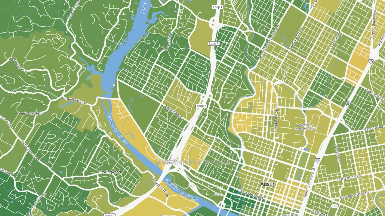 Map of the best neighborhoods in the 78703 area, with better matches in green and worse matches in red