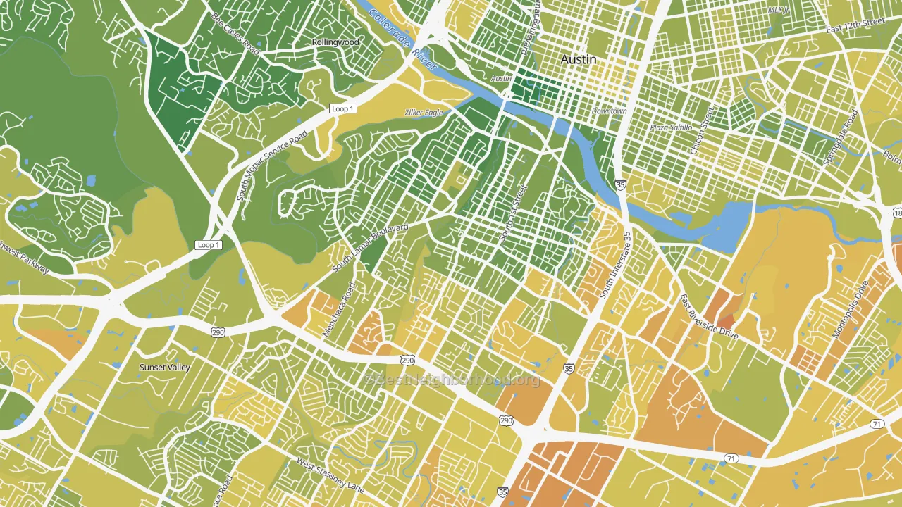 Map of the best neighborhoods in the 78704 area, with better matches in green and worse matches in red