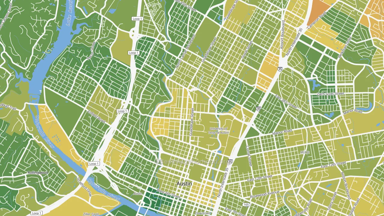 Map of the best neighborhoods in the 78705 area, with better matches in green and worse matches in red
