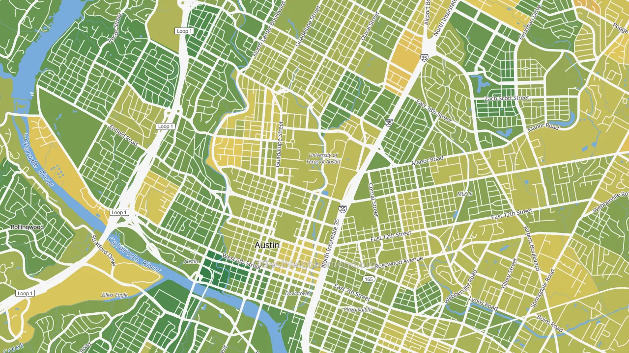 Map of the best neighborhoods in the 78712 area, with better matches in green and worse matches in red