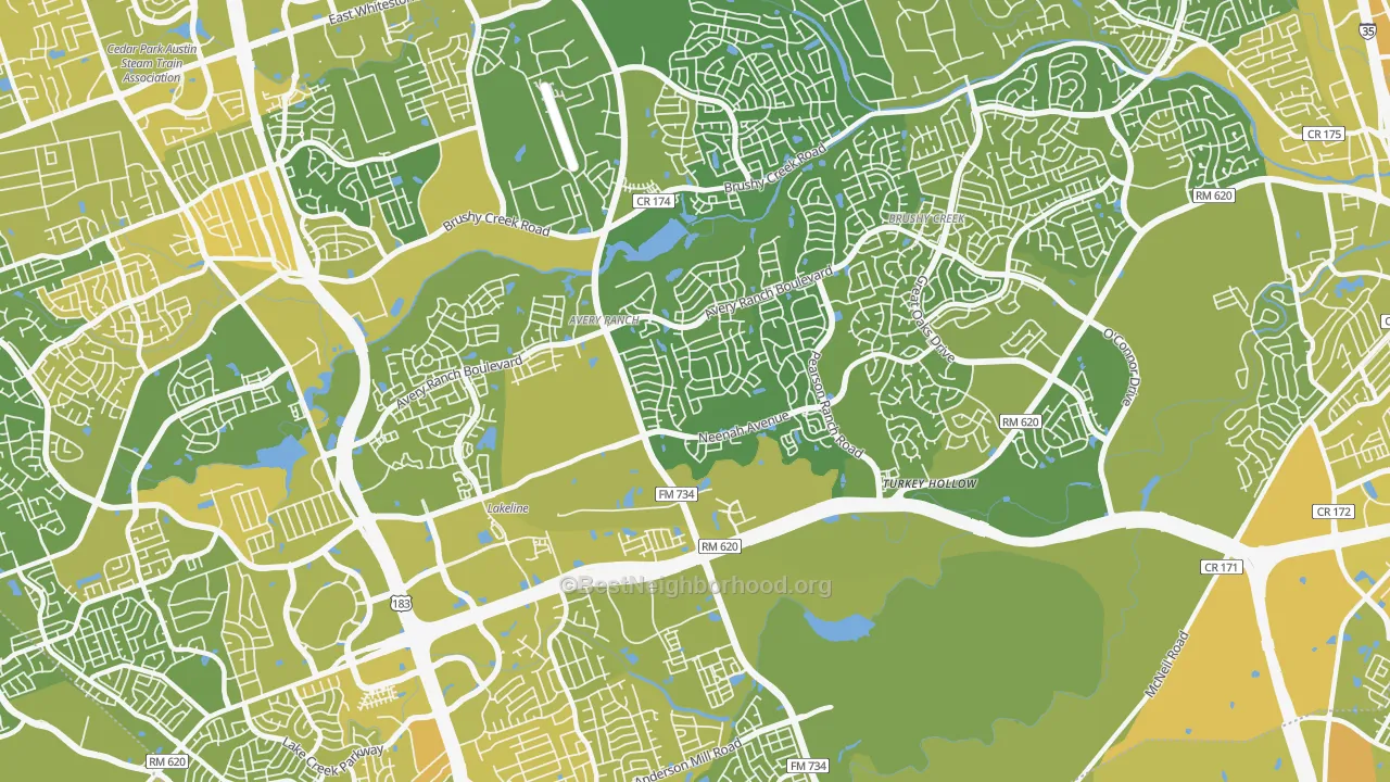 Map of the best neighborhoods in the 78717 area, with better matches in green and worse matches in red