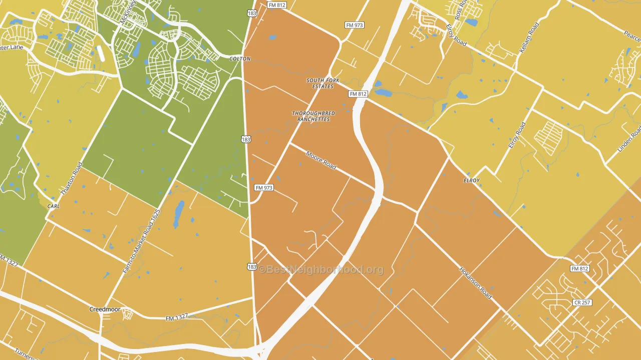 Map of the best neighborhoods in the 78719 area, with better matches in green and worse matches in red