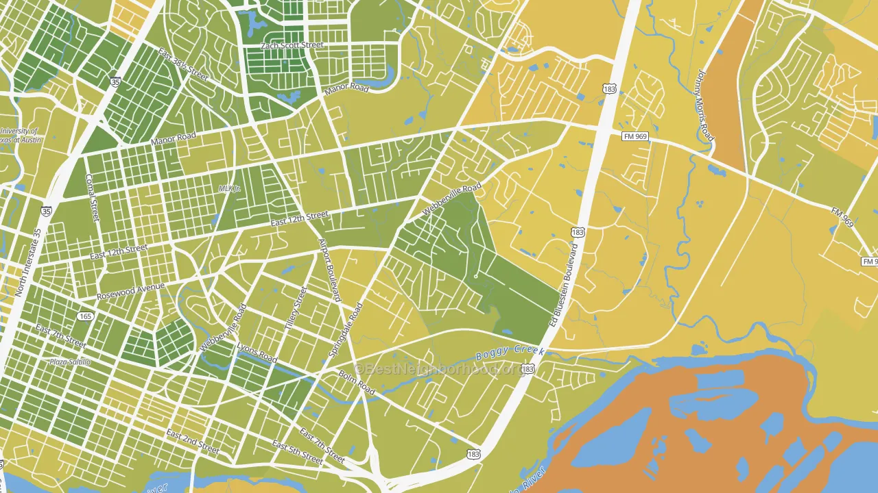 Map of the best neighborhoods in the 78721 area, with better matches in green and worse matches in red