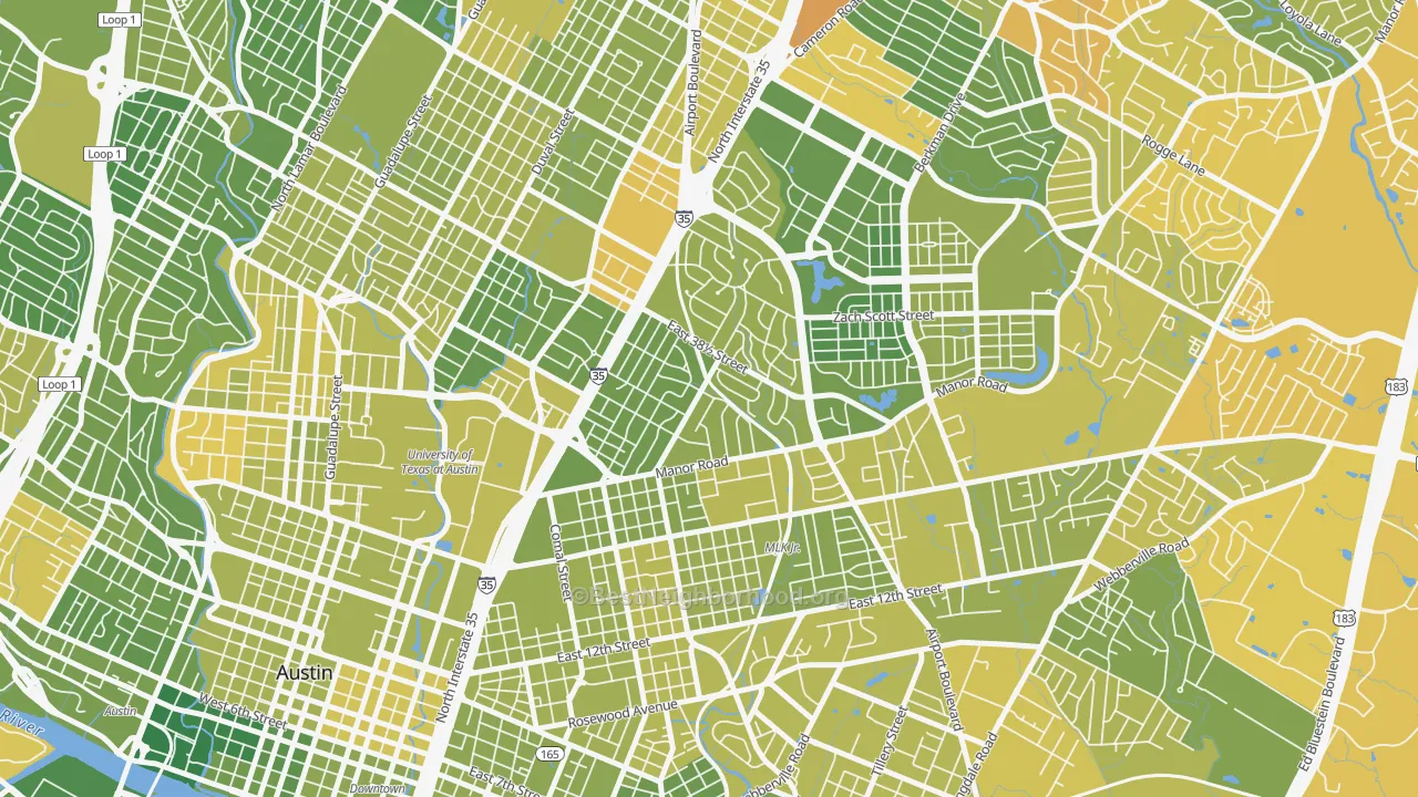 Map of the best neighborhoods in the 78722 area, with better matches in green and worse matches in red