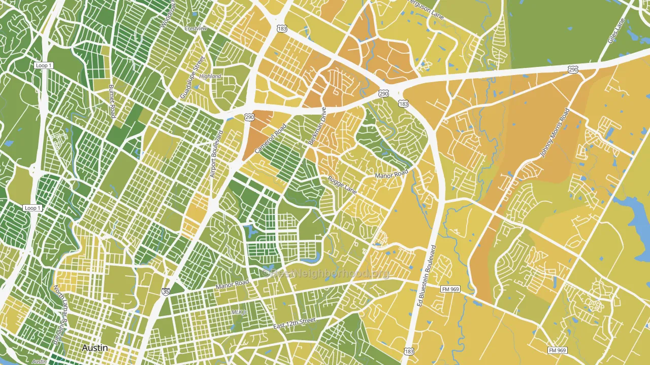 Map of the best neighborhoods in the 78723 area, with better matches in green and worse matches in red