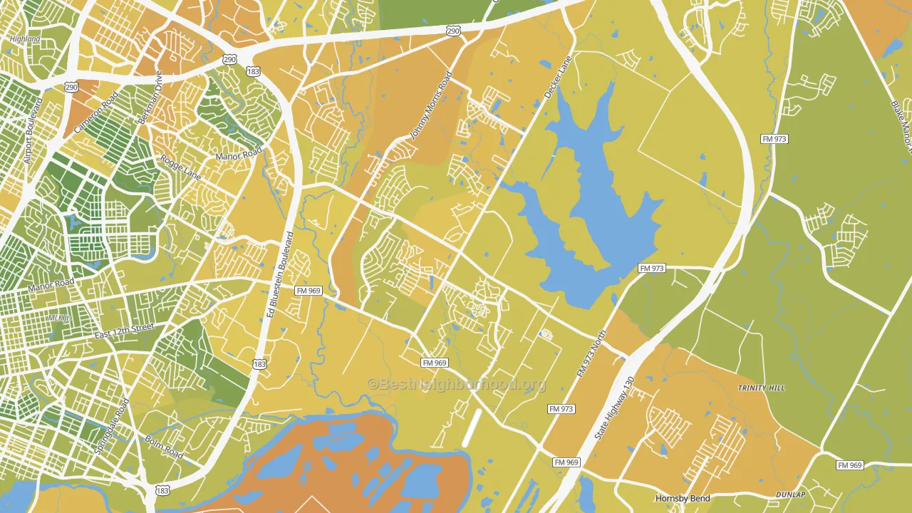 Map of the best neighborhoods in the 78724 area, with better matches in green and worse matches in red