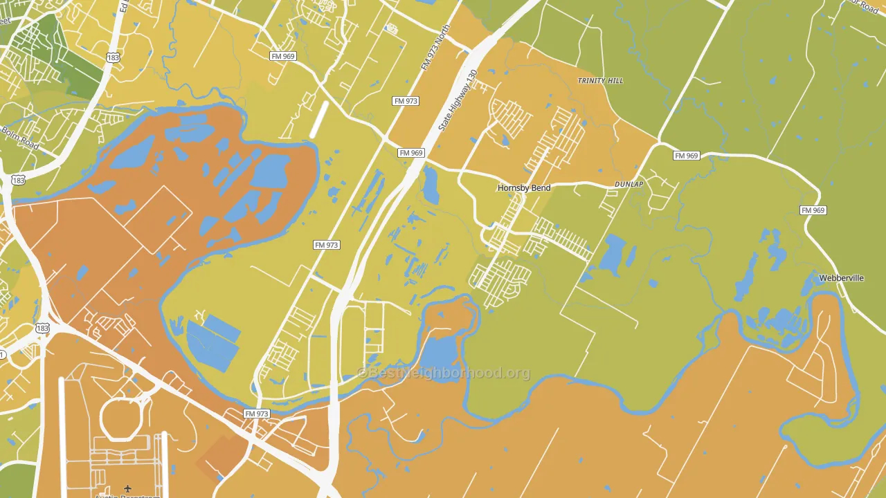 Map of the best neighborhoods in the 78725 area, with better matches in green and worse matches in red
