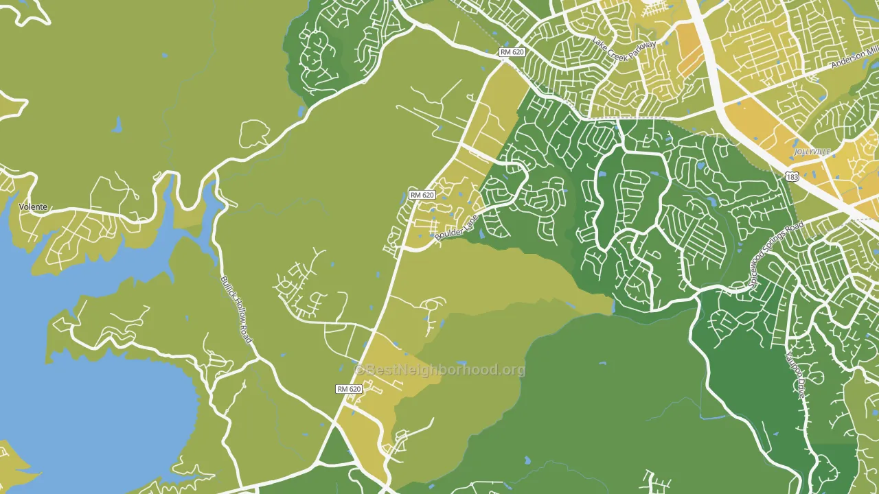 Map of the best neighborhoods in the 78726 area, with better matches in green and worse matches in red