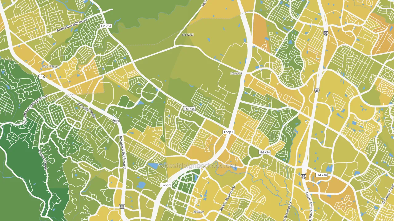 Map of the best neighborhoods in the 78727 area, with better matches in green and worse matches in red