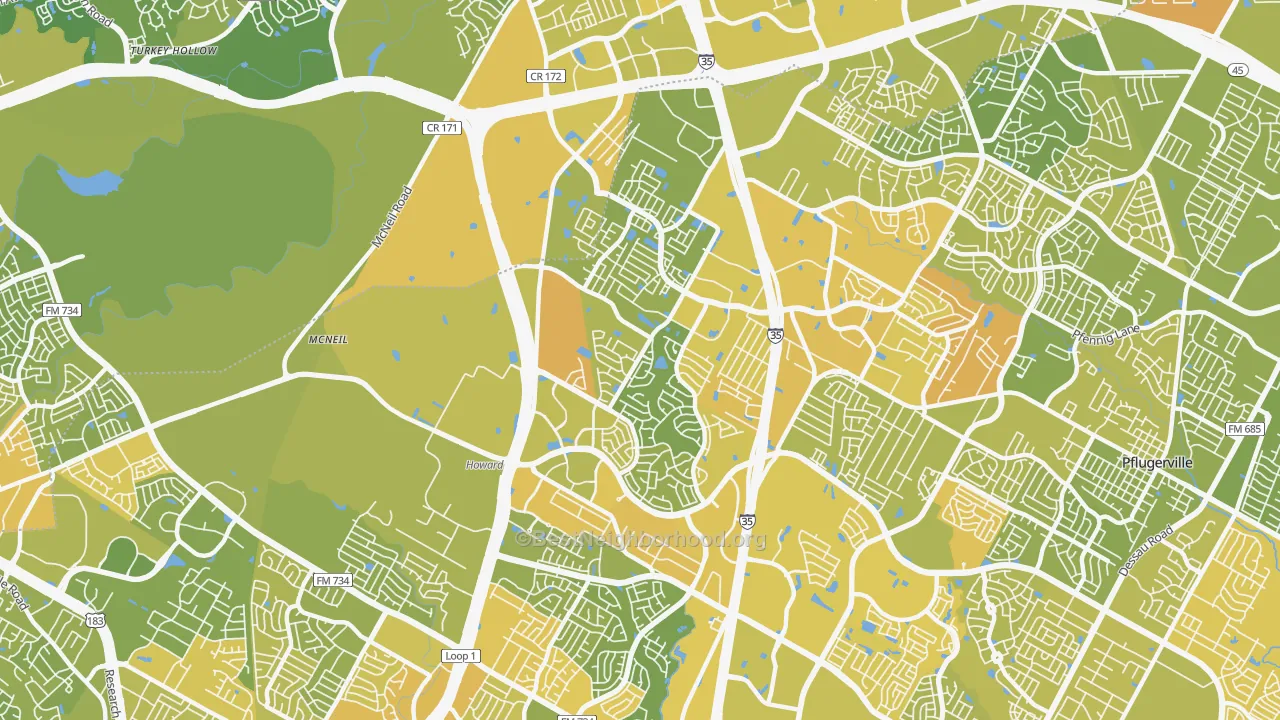 Map of the best neighborhoods in the 78728 area, with better matches in green and worse matches in red