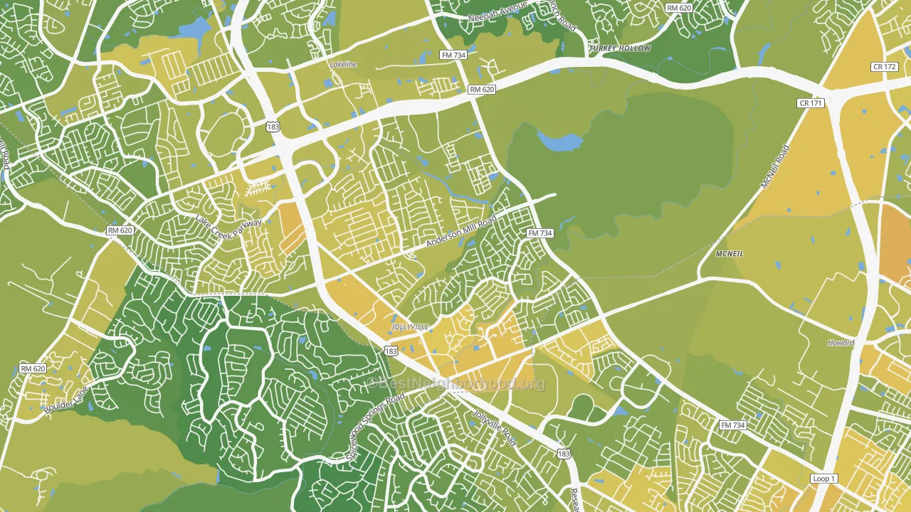 Map of the best neighborhoods in the 78729 area, with better matches in green and worse matches in red