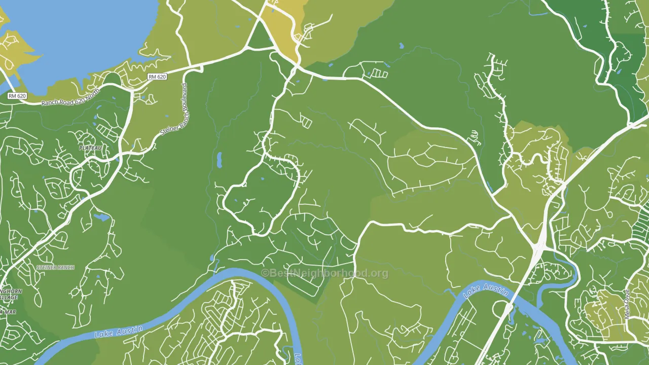 Map of the best neighborhoods in the 78730 area, with better matches in green and worse matches in red