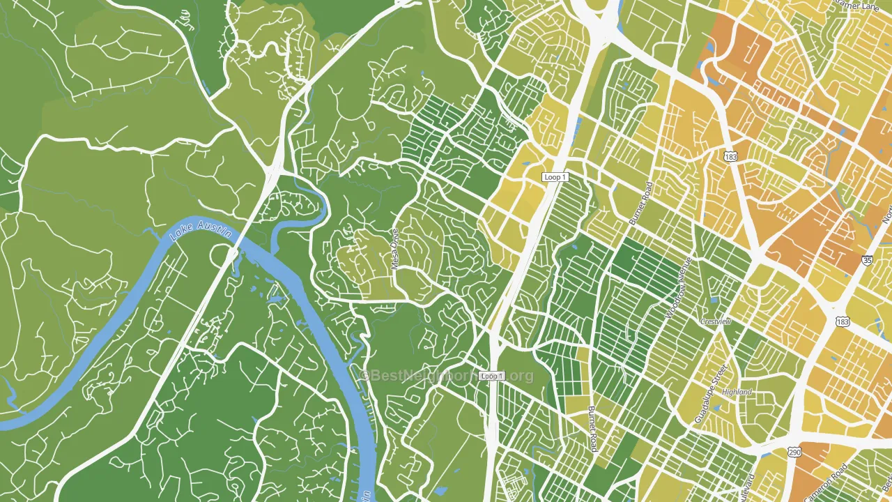Map of the best neighborhoods in the 78731 area, with better matches in green and worse matches in red