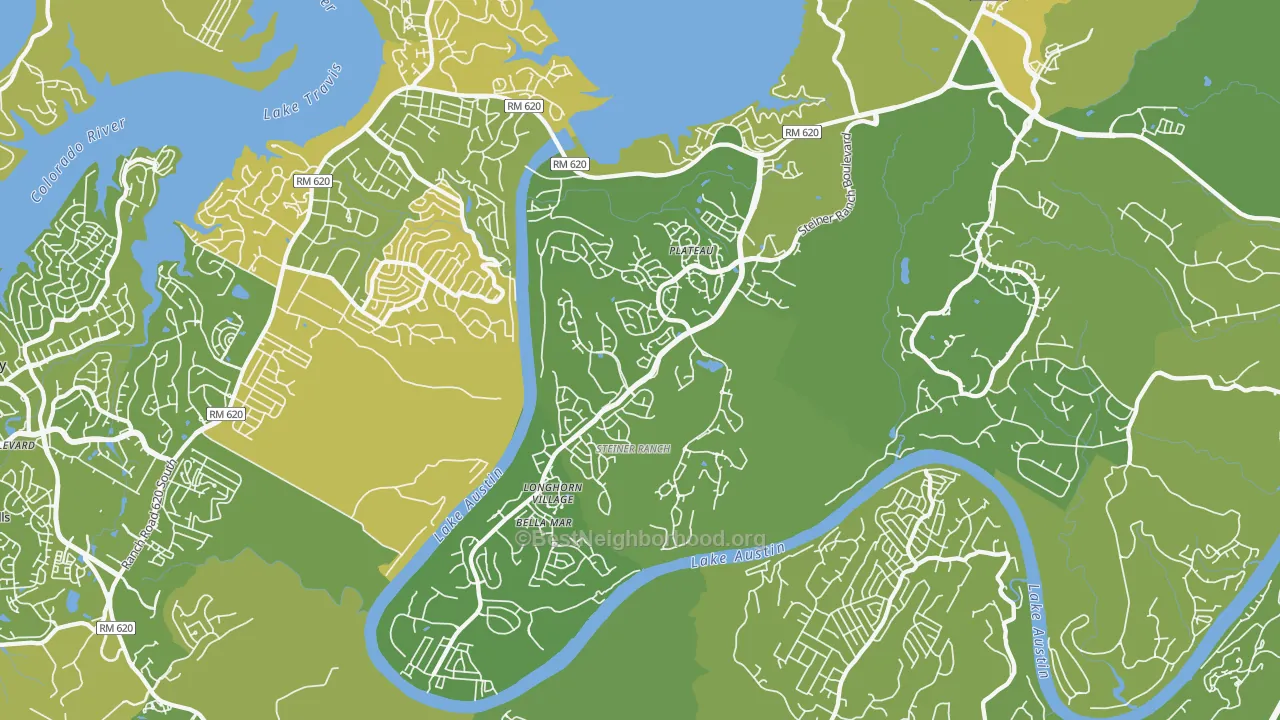 Map of the best neighborhoods in the 78732 area, with better matches in green and worse matches in red