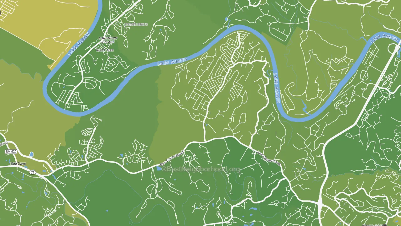 Map of the best neighborhoods in the 78733 area, with better matches in green and worse matches in red