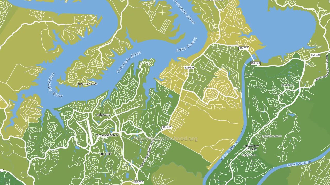 Map of the best neighborhoods in the 78734 area, with better matches in green and worse matches in red