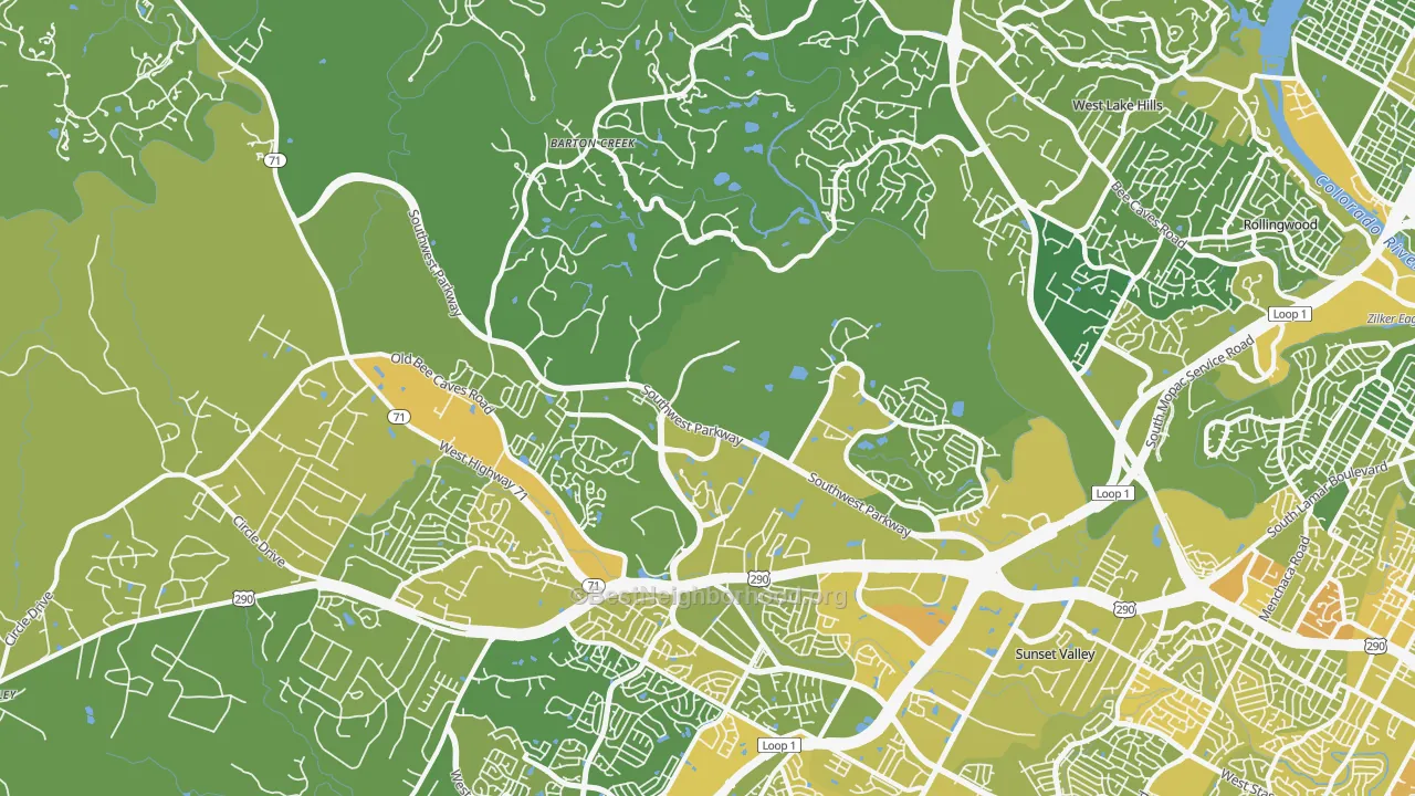 Map of the best neighborhoods in the 78735 area, with better matches in green and worse matches in red