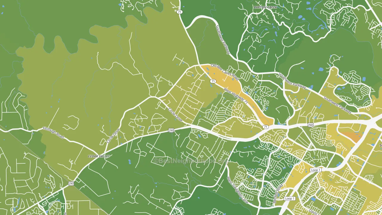 Map of the best neighborhoods in the 78736 area, with better matches in green and worse matches in red