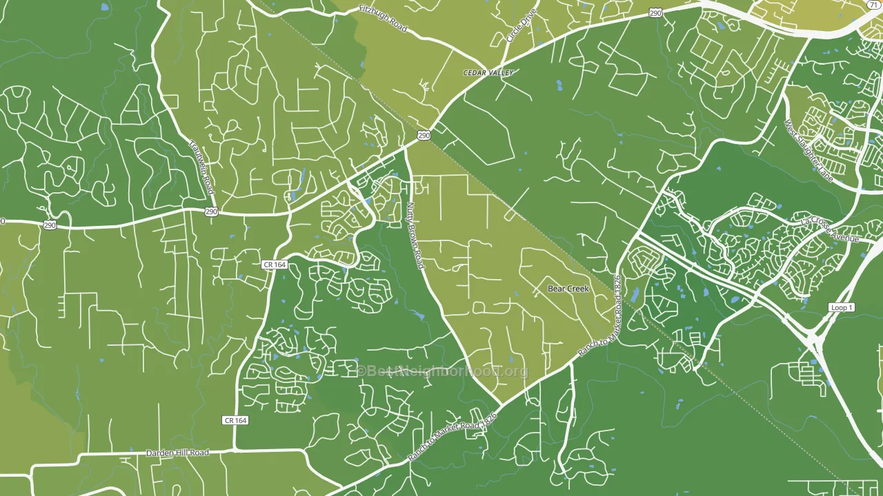 Map of the best neighborhoods in the 78737 area, with better matches in green and worse matches in red