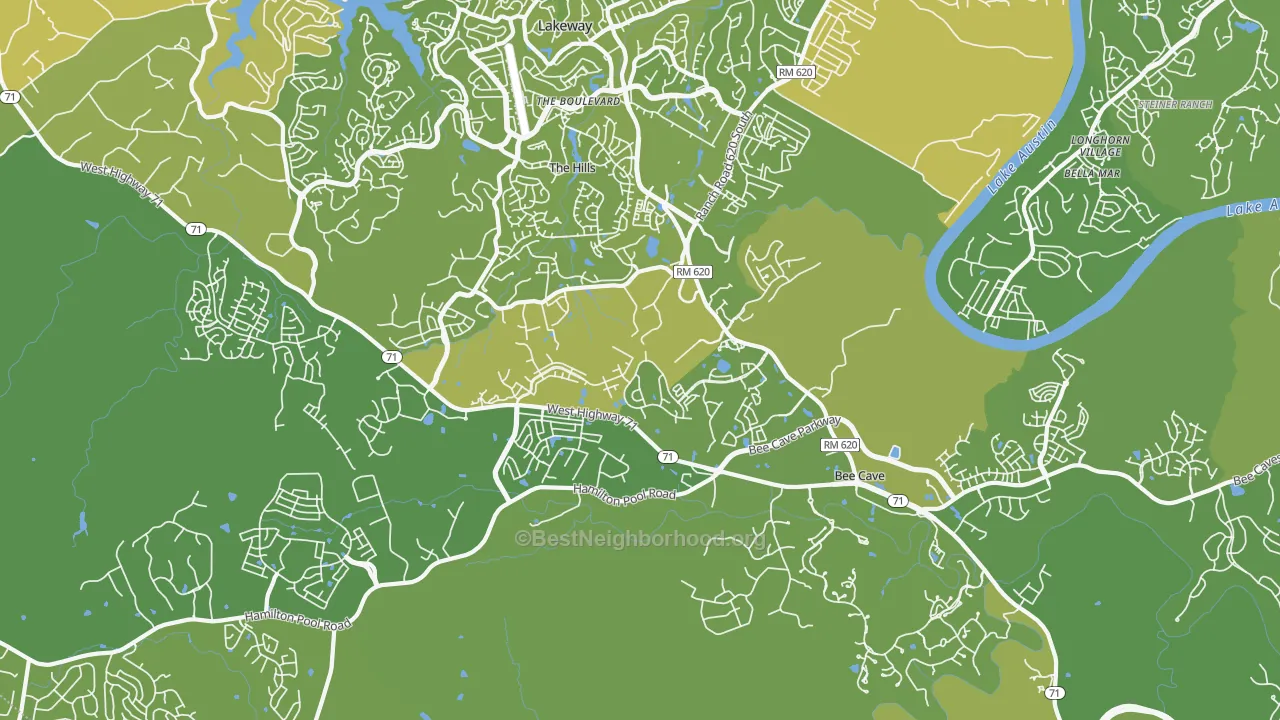 Map of the best neighborhoods in the 78738 area, with better matches in green and worse matches in red