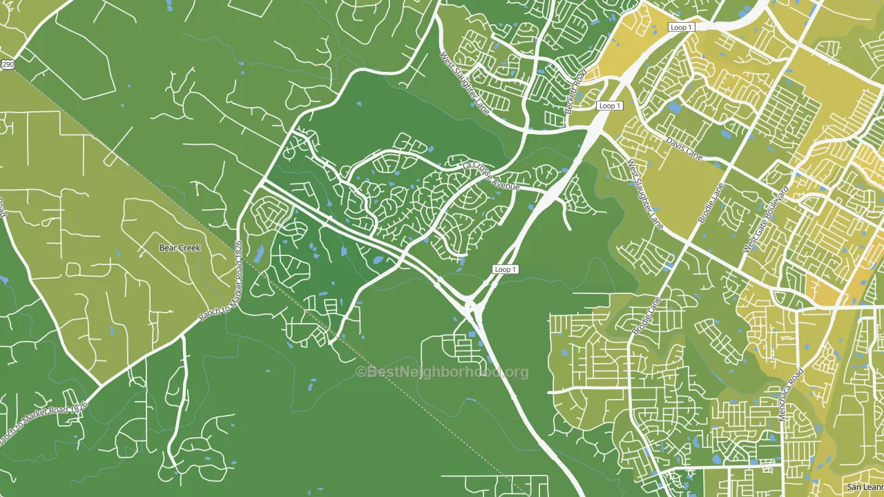 Map of the best neighborhoods in the 78739 area, with better matches in green and worse matches in red