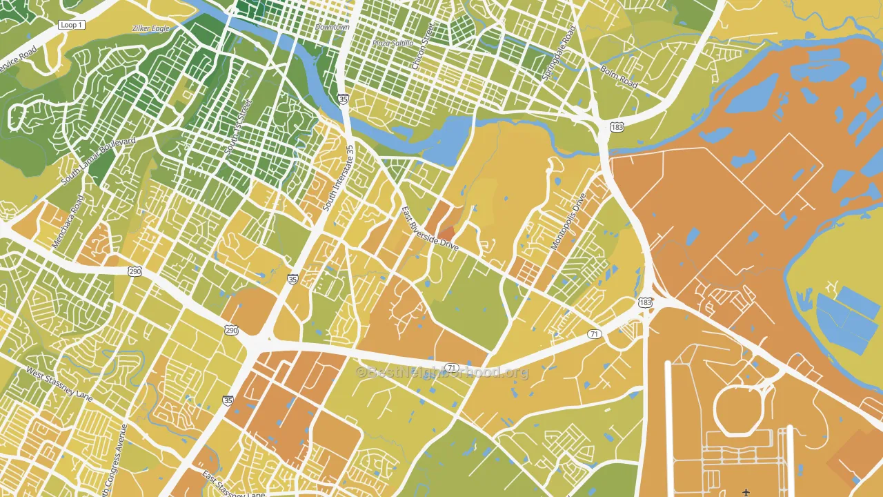 Map of the best neighborhoods in the 78741 area, with better matches in green and worse matches in red