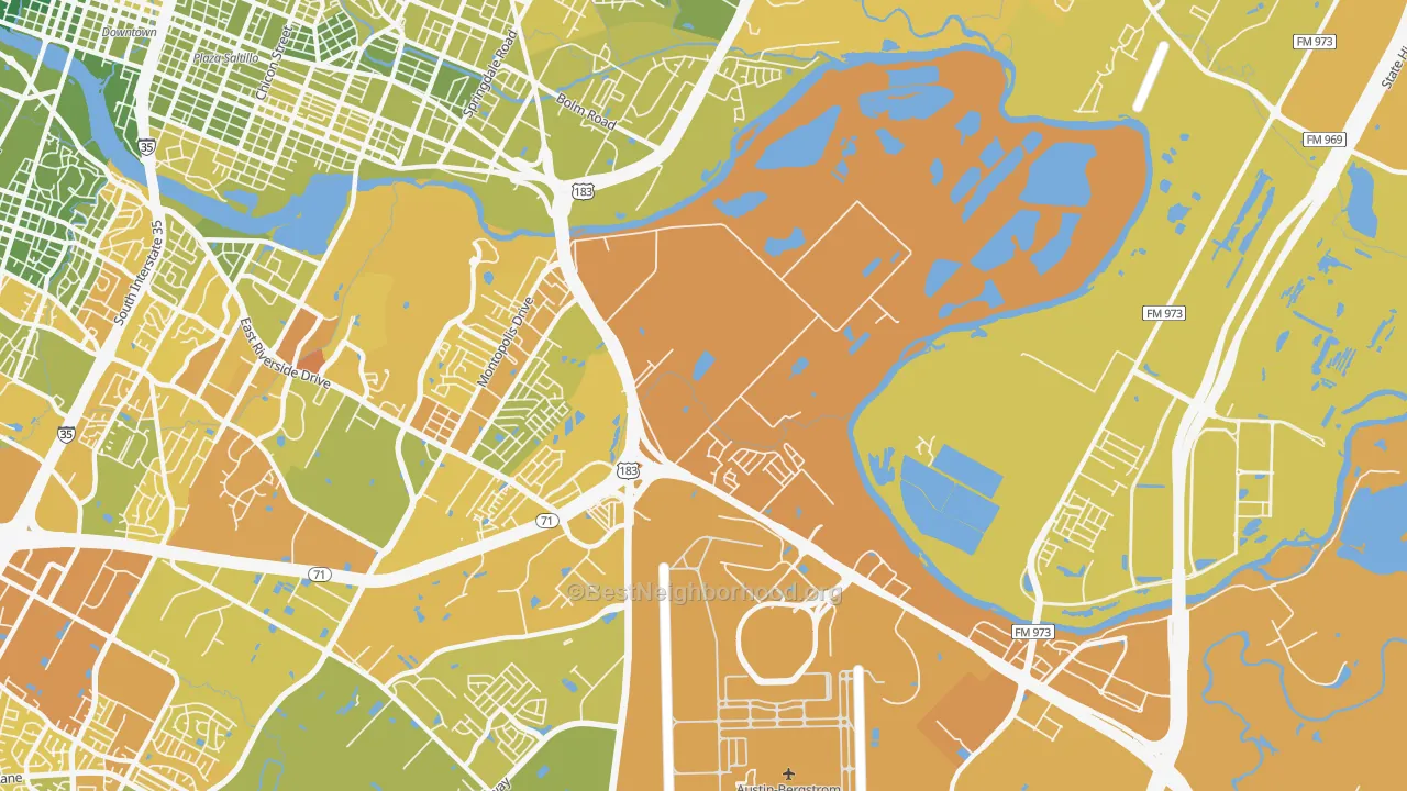 Map of the best neighborhoods in the 78742 area, with better matches in green and worse matches in red