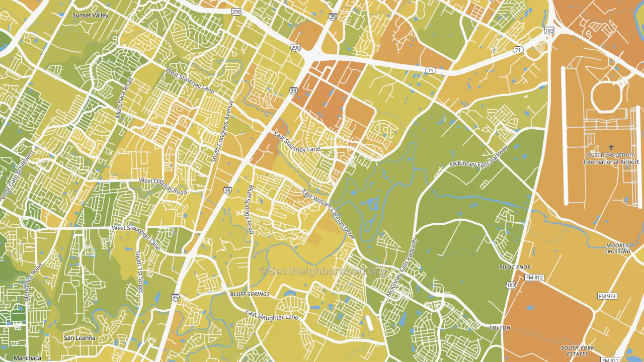 Map of the best neighborhoods in the 78744 area, with better matches in green and worse matches in red