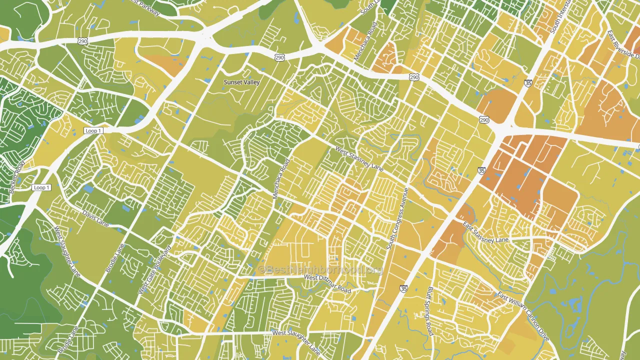 Map of the best neighborhoods in the 78745 area, with better matches in green and worse matches in red