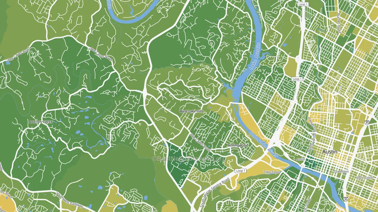 Map of the best neighborhoods in the 78746 area, with better matches in green and worse matches in red